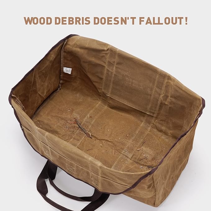 Waxed Canvas Log Carrier Tote Bag, Extra Large Durable Firewood Holder with Handles and Shoulder Strap, Heavy Duty Wood Carrying Bag for Fireplaces & Wood Stoves Khaki