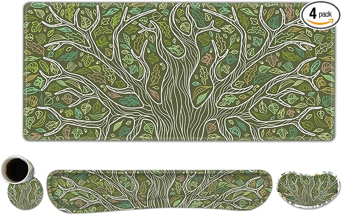 ToLuLu Desk Mat, Gaming Mouse Pad Wrist Support 4 in1 Set, XXL Large Mouse Pad + Keyboard Wrist Rest + Memory Foam Cushion Mouse Wrist Rest for Pain Relieve + Coaster Table Computer PC, Green Leaves