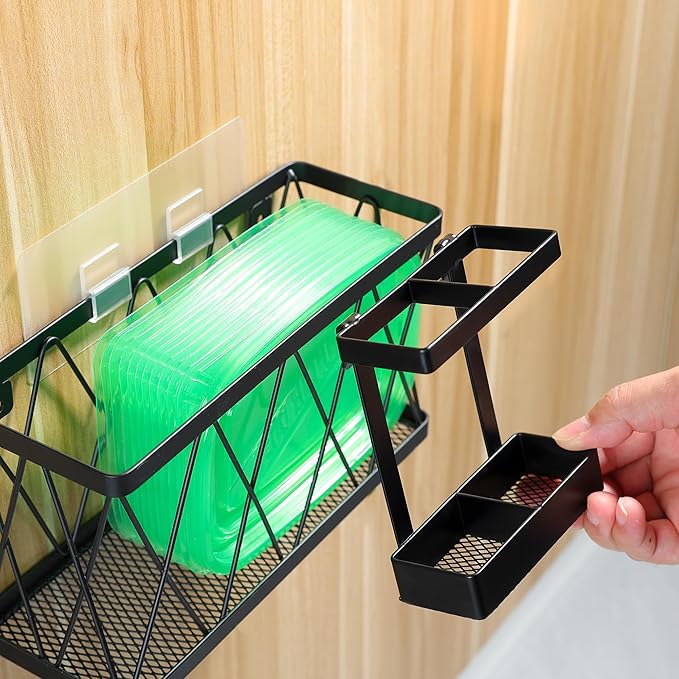 YIGII 3 Pack Adhesive Cabinet Door Organizer, Wall Mounted Lid Organizers Inside Cabinet with Straw Holder for Tupperware Lid Storage, Slim Space Kitchen Basket for Pantry, Under Sink