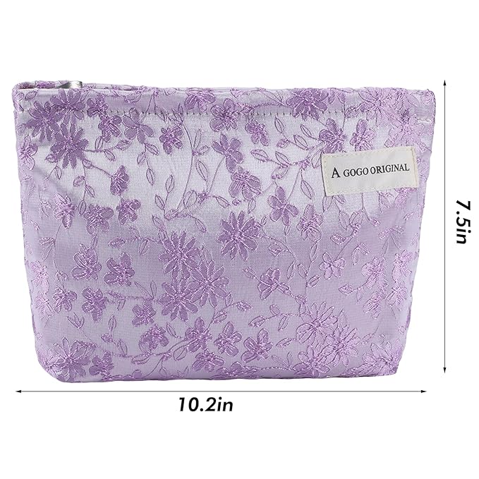 ZLFSRQ Daisy Flower Makeup Bag Travel Cute Floral Cosmetic Bags for Women Large Toiletry Pouch Zipper Cosmetic Pouch for Purse Aesthetic Embroidery Purple Makeup Organizer Bag Portable Toiletry Bags