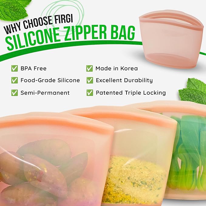 Premium Platinum Silicone Reusable Food Storage Bags 3-Pack (17 fl oz + 29 fl oz + 51 fl oz), Airtight Zip Lock Bags for Food, BPA-Free Silicone Freezer Bags, Microwave Safe, White