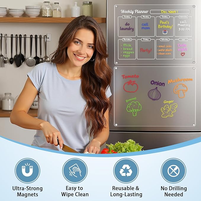 Grtard Acrylic Fridge Calendar Dry Erase Board for Fridge, 3 Pack Acrylic Calendar for Fridge Calendar Magnet, Clear Magnetic Planner Whiteboard for Refrigerator with 8 Colorful Markers
