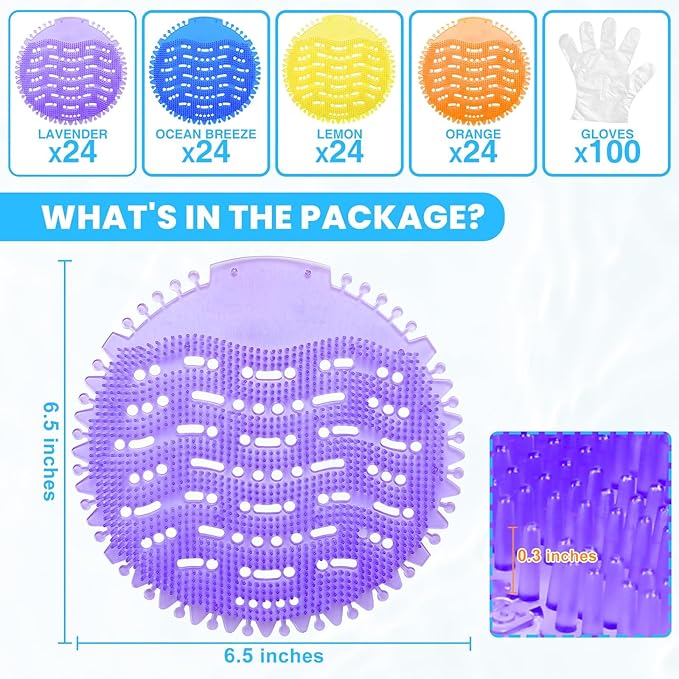96 Pack Urinal Deodorizer Screen with 100 Gloves, 3D Wave Anti-Splash Odor Protection Urinal Cakes for Men Toilets Dry Wet Urinal Deodorant Bathroom Office Mall Hotel Four Scents Urinal Mats