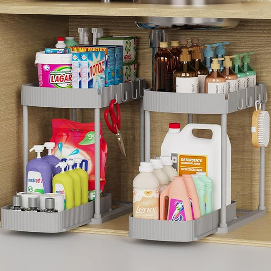 2 Pack Multi-Purpose Pull-Out Storage Organizers, Under Sink Organizers and Storage for Bathroom & Kitchen, Under Cabinet Organizers and storage, 14.8 Inch, Grey