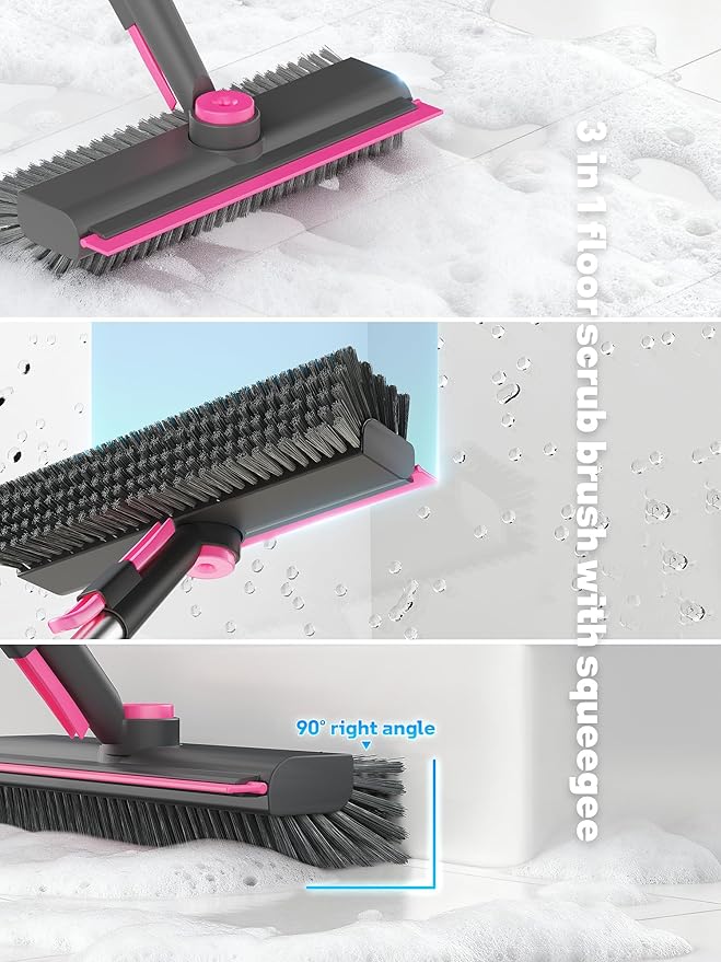 HelpX Floor Scrub Brush with Long Handle, 3-in-1 Multi-angle Swivel Right-Angled Bristle Floor Scrubber Brush with Squeegee and Tweezer for Tile Wall Deck Bathroom Patio Garage Kitchen (Pink and Grey)
