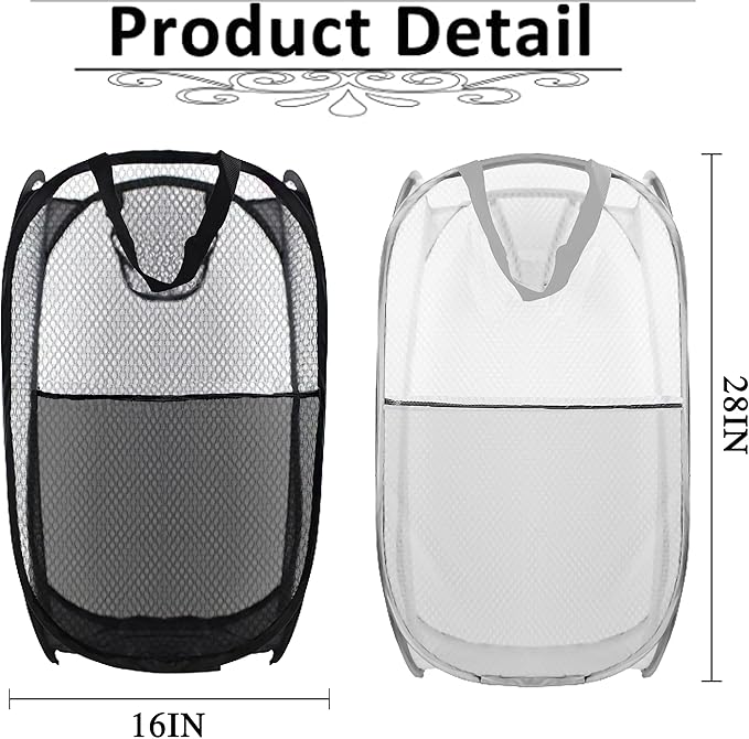Collapsible Pop Up Laundry Hamper, Extra Large Mesh Foldable Laundry Basket, 28" x 16" x 16", 2 Pack (Black + Gray)