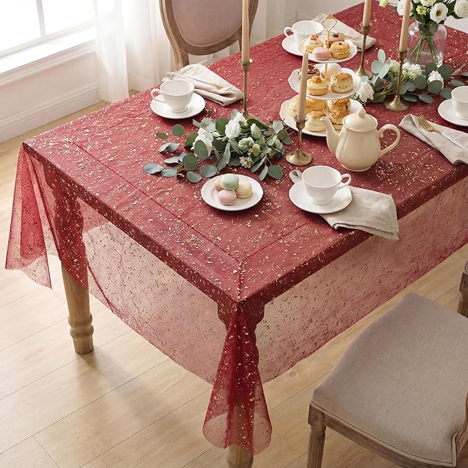Horaldaily Burgundy Gold Gauze Tablecloth 60x140 Inch Rectangular, Golden Sequin Glitter Metallic Foil, Sheer Tulle Cheesecloth for Wedding Baby Shower Ceremony Birthday