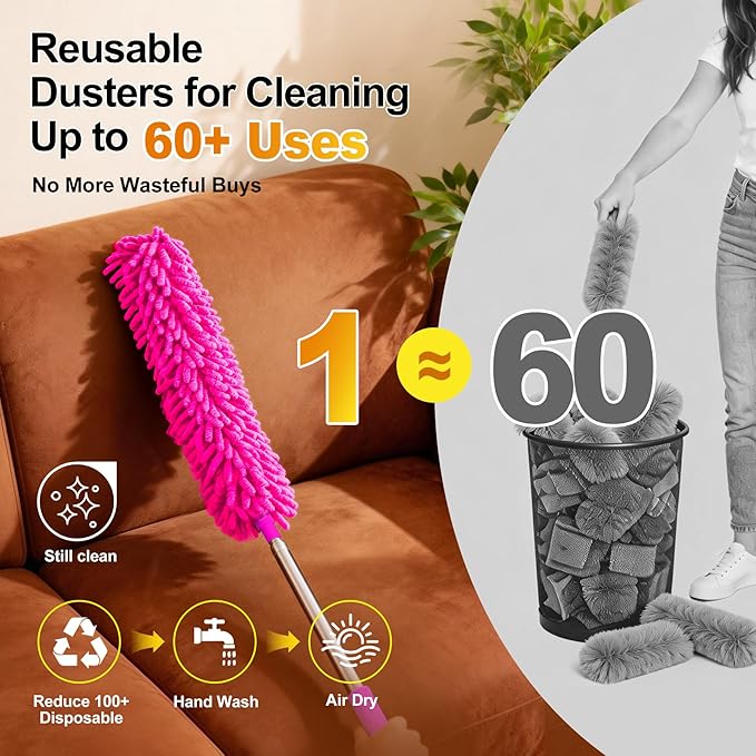 Tiumso 5-in-1 Duster with Extension Pole 100 inch Extendable Dusters for Cleaning Anti-Spin Reusable Dusting Kits for High Ceiling Fans, Cobwebs & Vents, Reinforced Stainless Steel Telescopic Handle