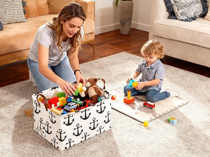 Laundry Basket Canvas Collapsible Storage Basket with Handles Children's Storage Basket for Home, Books (Anchor)