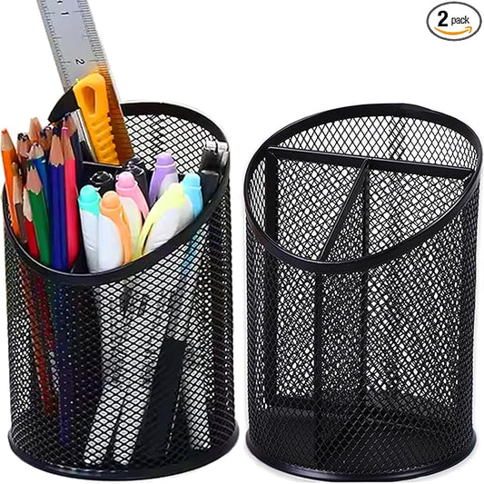 2 Pack Mesh Pencil Holder Pen Cup for Desk Round Black Pen Holder Desktop Pen Organizer 3 Compartments Pencil Organizer Desk Organizer for Office Home School