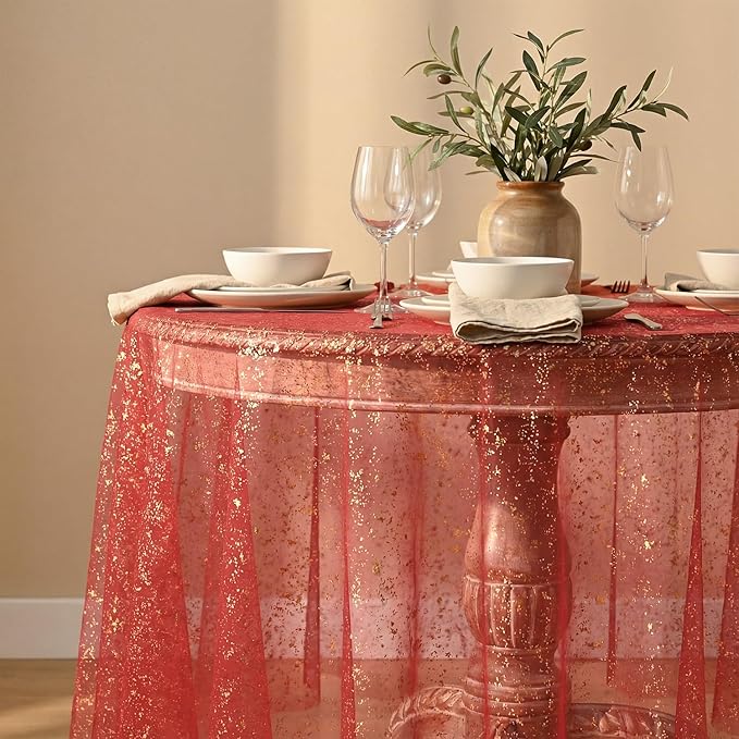 Horaldaily Red Gold Gauze Tablecloth 60x60 Inch Round, Red Sequin Glitter Metallic Foil, Sheer Tulle Cheesecloth for Wedding Baby Shower Ceremony Birthday