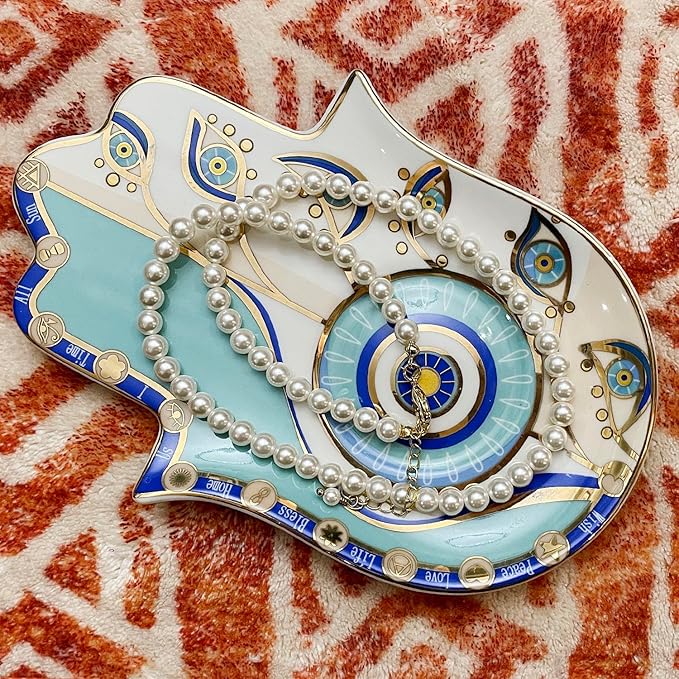 Exquisite Small Ceramic Jewelry Tray - Trinket Dish Evil Eye Decor, Gold Plate Ring Holder, Modern Boho Home Essentials, Perfume Organizer, Witchy, Aesthetic Room Decor (Blue Hamsa)