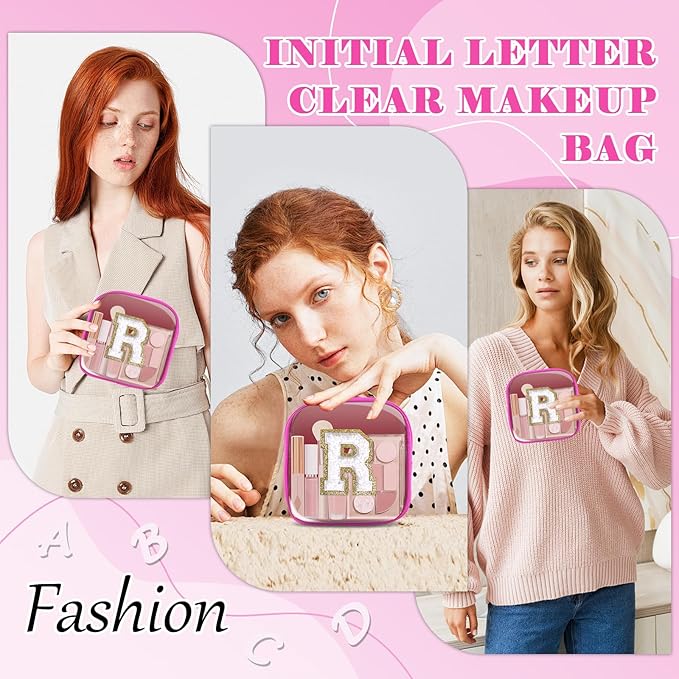 Personalized Initial Letter Clear Preppy Makeup Bag,Mini Nylon Chenille Letter Cosmetic Bag Cute Zipper Pouch Coin Purse for Teen Girls,Portable TSA Approved Travel Essentials Bag Gift for Women,R