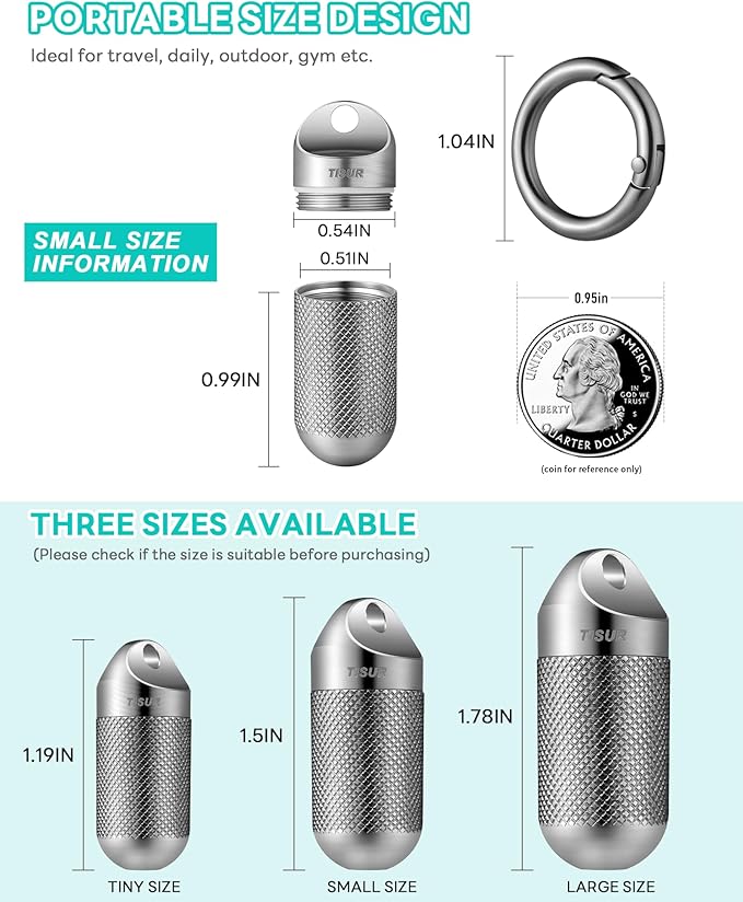TISUR Titanium Keychain Pill Holder Small Metal Pill Case, Pill Organizer Portable Waterproof Pill Container, Travel Pill Bottle Box for Purse (Small-0.51inch)