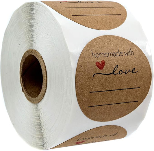2" Homemade with Love Sticker with Writing Lines / 2" Round Homemade with Love Canning Label / 500 Jar Labels Roll/Made in The USA