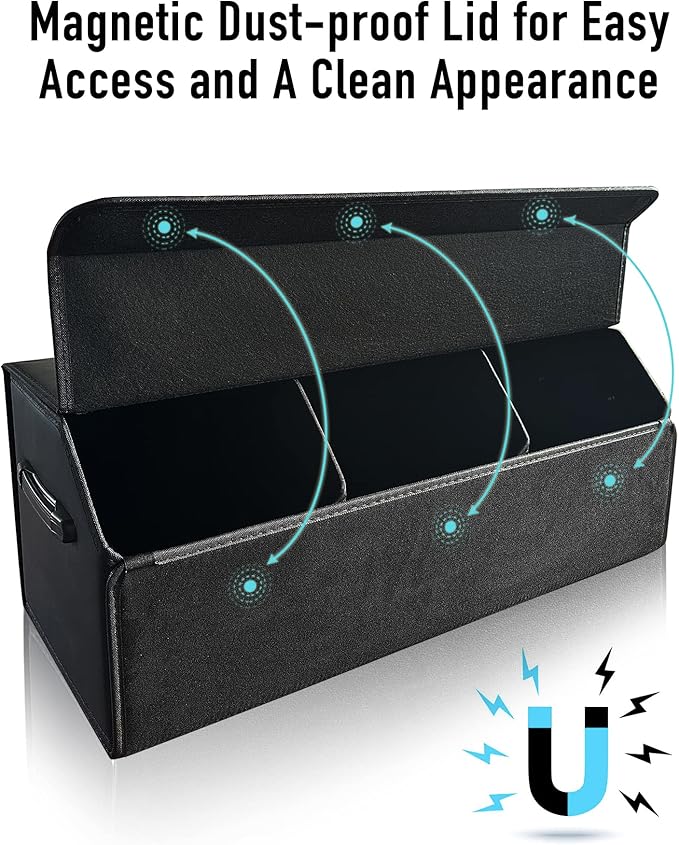 Fyzeoty Car Organizers for Trunk for SUV Sedan, Leather Storage Box, Extra Large, Magnetic Lid, Collapsible and Adjustable, S004, Black