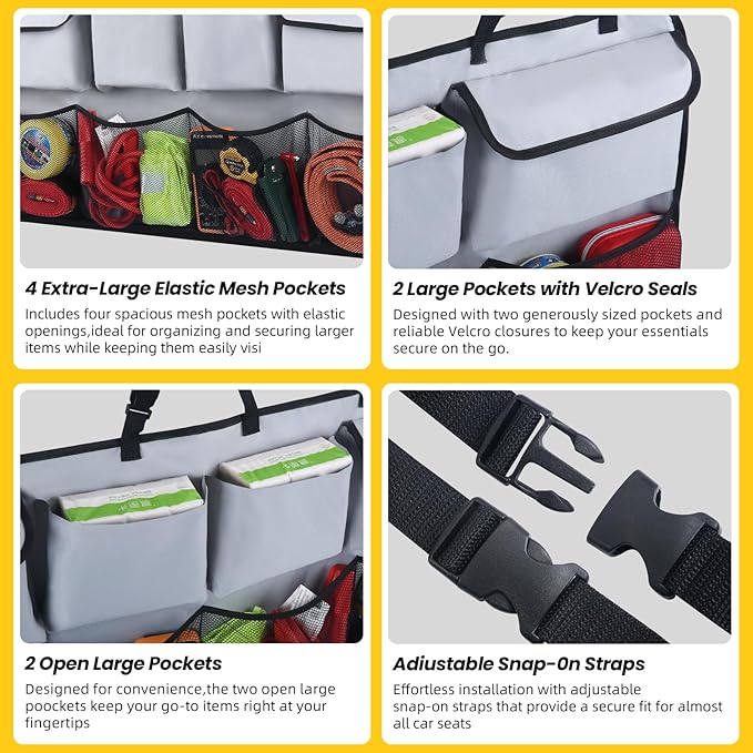 Car Backseat Hanging Trunk Organizer – Gray, 8 Large Storage Bags - Super Capacity Storage Solution for SUVs, Trucks, Vans, and Cars - Ultimate Car Organization for a Clutter-Free Space