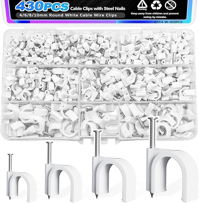 mxuteuk 430PCS Cable Clips with Steel Nails, 4/6/8/10mm Round White Cable Wire Clips, Wall Clips for Cords, Cable Cord Clips for RG6 RG59 CAT6 RJ45