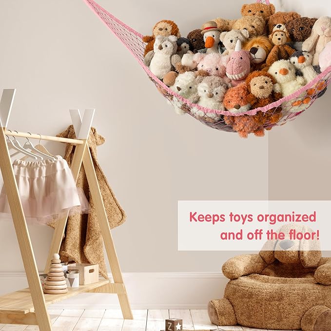 Stuffed Animal Storage Hammock Net Corner - Large Toy Hammock Net for Stuffed Animals Room Decor - Cute Stuff Animal Organizer Holder for Plush Plushie - Kids Baby Nursery Wall Bedroom Home Decor