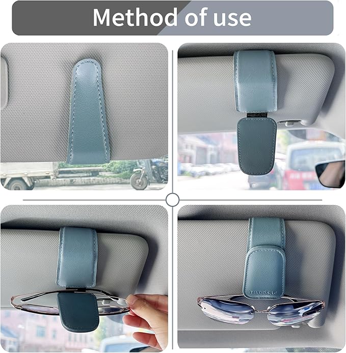 Sunglasses Holder for Car Visor, Leather Magnetic Sunglass Holder for Car with Clip, Blue