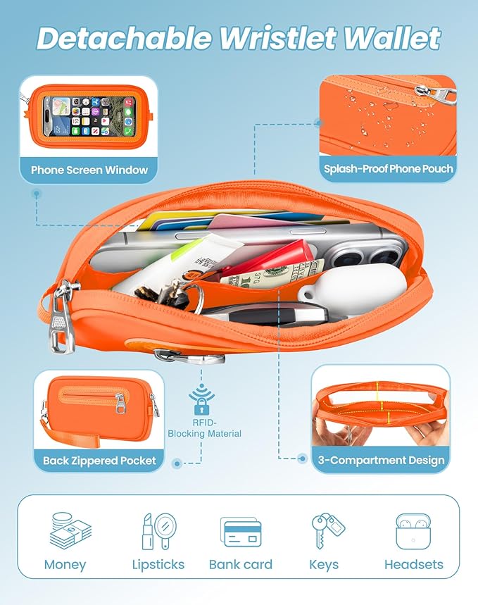 SHANSHUI Clip and Go Phone Lanyard Wallet, Hands-Free Crossbody Strap with Zipper Pocket & ID Window, Includes 2 Metal Tether Pads for Phones, Keys, Earphones, Accessories Orange