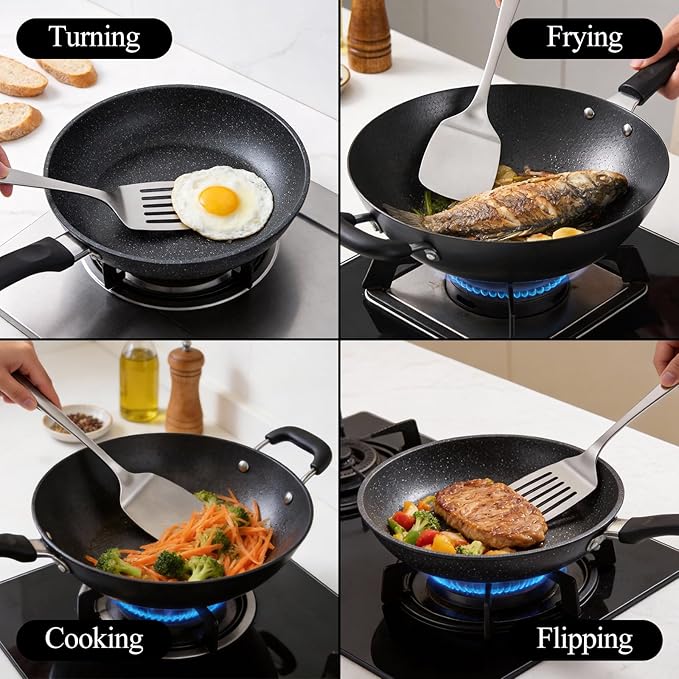 ChefBee 2PCS Metal Spatula Set - Stainless Steel Spatula Solid & Slotted Turner Flipper for Kitchen Use, Heat Resistant Kitchen Cooking Utensils for Flipping Fish, Eggs, Pancakes, Dishwasher Safe