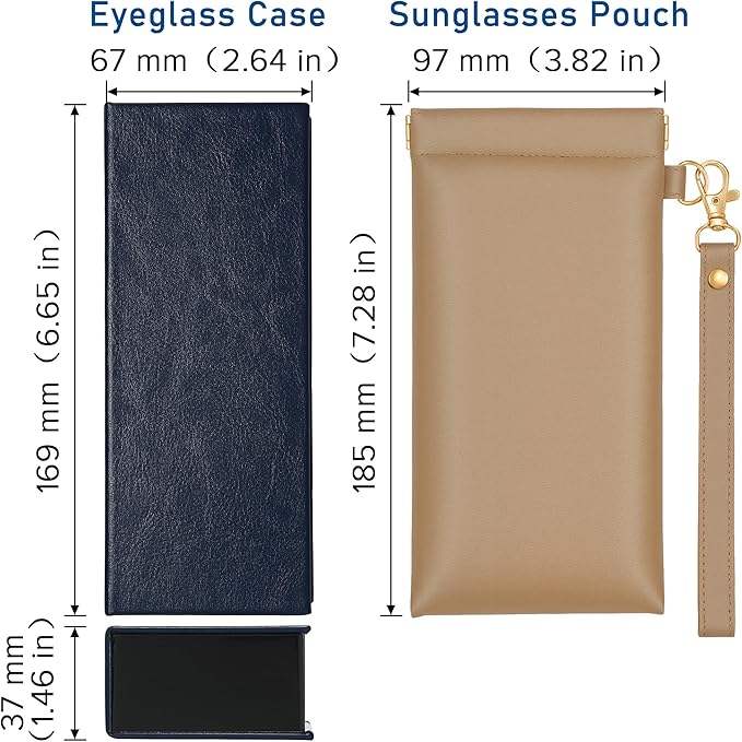 2Pack Leather Glasses Case for Women Men Book-like Hard Shell Eyeglass Bag With Carrying Strap Soft Sunglasses Pouch