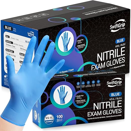 SwiftGrip Disposable Nitrile Exam Gloves, Blue, Nitrile Gloves Disposable Latex Free, Medical Gloves, Cleaning Gloves, Food-Safe Rubber Gloves, Powder Free, Non-Sterile, 1000-ct Case (XL)