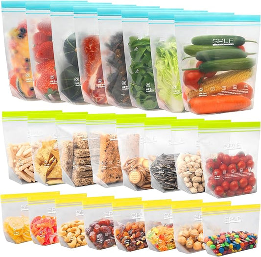 SPLF 24 Pack Reusable Food Storage Bags Dishwasher Microwave Safe, BPA Free Reusable Freezer Bags, Silicone Free Containers for Meal Prep, Fridge Kitchen Organization - 8 Gallon 8 Sandwich 8 Snack