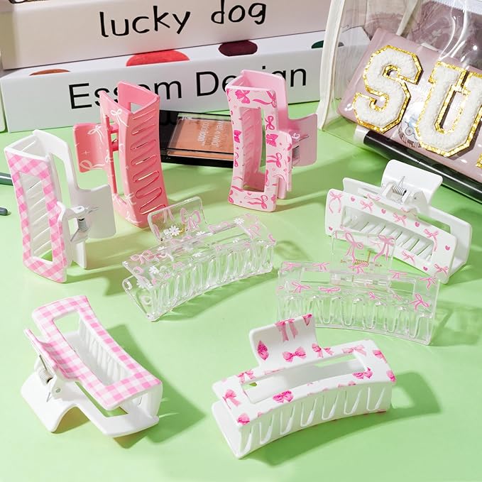 PANTIDE 8Pcs Coquette Pink Bow Hair Claw Clips for Women Girls - Cute Bow Preppy Trendy Rectangle Nonslip Hair Clips, Thin Thick Short Long Curly Accessories, Birthday Bachelorette Wedding Gift