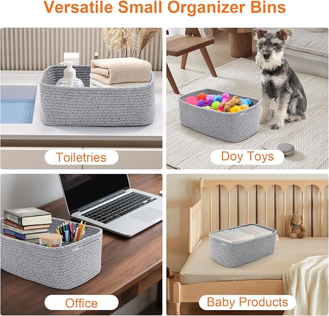 Ordn2Ordn Small Storage Baskets for Organizing, Woven Storage Bins for Shelves, Empty Gift Basket, Cute Decorative Closet Organizer, Baby Rope Basket, Dog Toy Storage, 12.6x8.2x5”, 3-Pack Mixed Gray