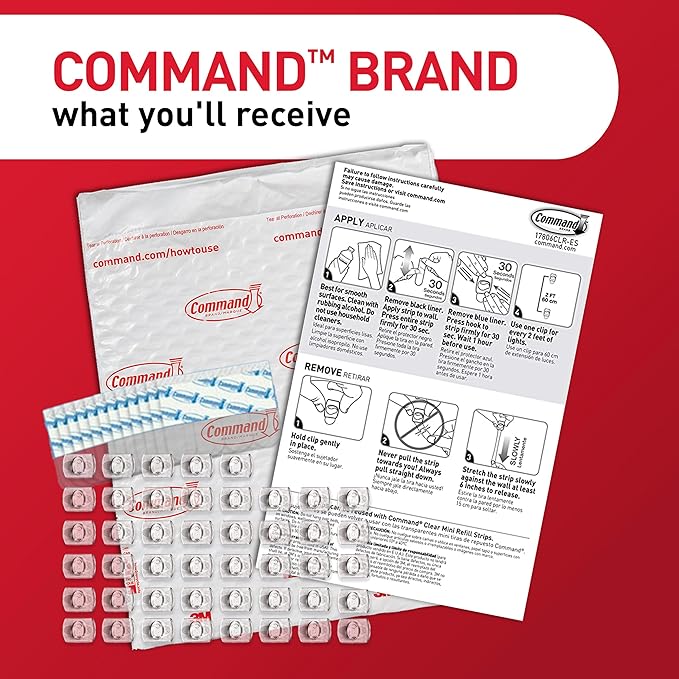Command Indoor Mini Light Clips, 45 Clear Clips and 54 Command Strips, Damage Free Hanging Christmas Decorations, Wall Clips for Hanging Lights and Cable Management, Holds up to 0.3 lb