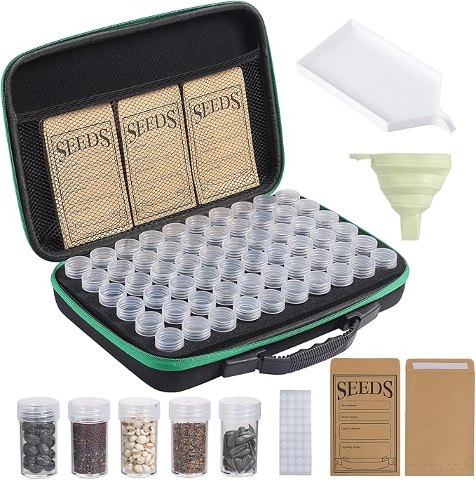 Douorgan Seed Storage Box, Portable Seed Saving Box, Sturdy Seed Organizer Kit Seed Envelopes Funnel Label, Seed Container for Flower Plants Vegetable Seed, M-60 Slots