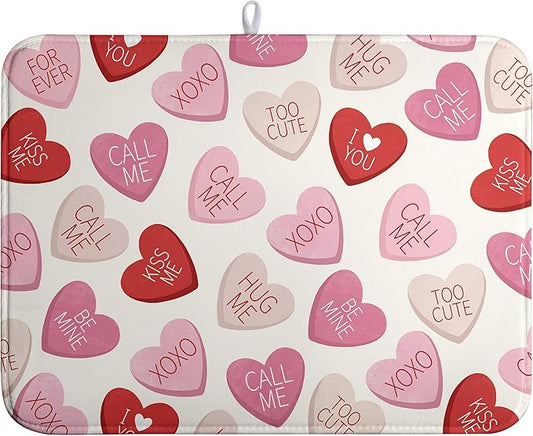 Valentine Love Heart Dish Drying Mat for Kitchen Counter 18x24 Inch Valentines Day Dish Mats Absorbent Microfiber Dish Draining Mat Reversible Dish Drying Rack Mat with Hanging Loop