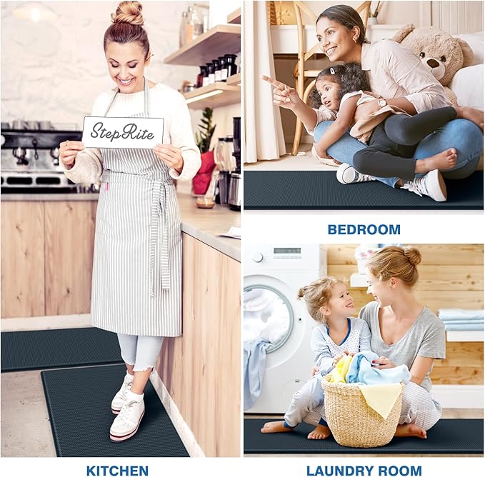 StepRite Kitchen Mats, 2PCS Kitchen Rugs, Cushioned Anti Fatigue Kitchen Mats for Floor, Non-Slip Standing Desk Mat, Waterproof Kitchen Rug Set for Floor, Office, 17.3"x30"+17.3"x59", Dark Charcoal