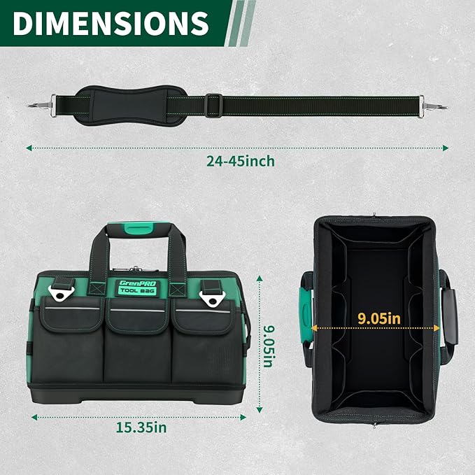 Tool Bag 16 Inch Heavy Duty, 18-Pocket Molded Bottom Toolbox Organizer, Portable Waterproof, Upgraded Handle Tool Bag with Adjustable Shoulder Strap for Mechanics, DIY, Dad Birthday Gift