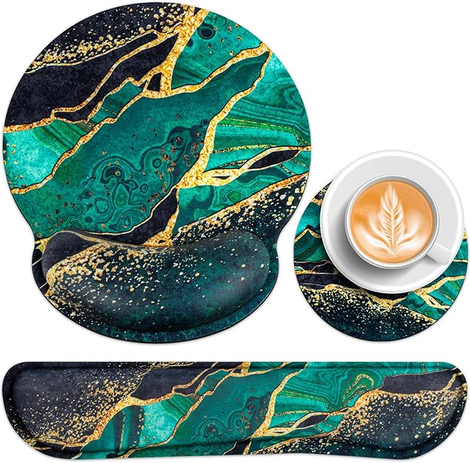 Mouse Pad Green with Wrist Rest Set, 3-in-1 Wrist Support Mousepad Set, Gaming Mat Pad with Anti-Skid Base,Ergonomic Mouse Pad,Memory Foam Gel Wrist Rest for Computer Keyboard
