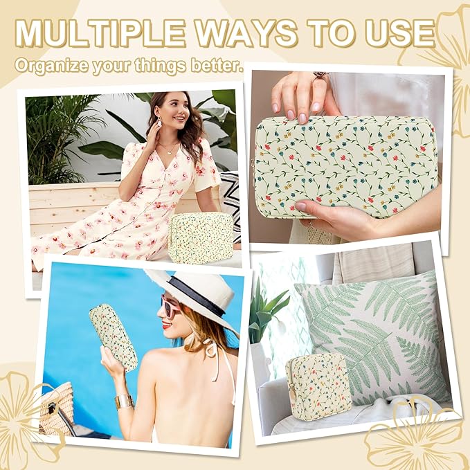 Waterproof Small Floral Pencil Case Makeup Bag for Purse, Cute Flower Pencil Pouch Preppy Nylon Makeup Brush Holder with Zipper, Girls Portable Storage Case Pen Bag for Work (Slim Light Yellow-Flowers)
