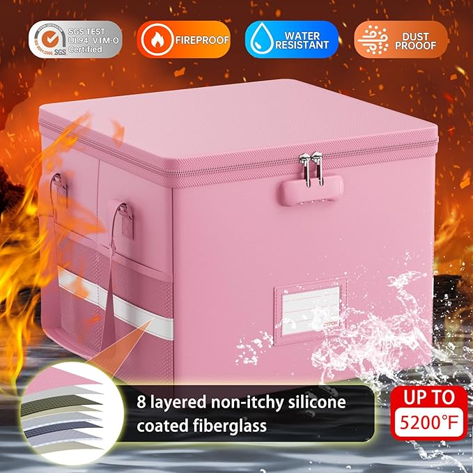 ENGPOW 5200°F File Box Fireproof Document Box with Lock, Heat Insulated Collapsible File Storage Organizer Box with Handle, Portable Home Office File Cabinet for Hanging Letter/Legal Size Folder, Pink