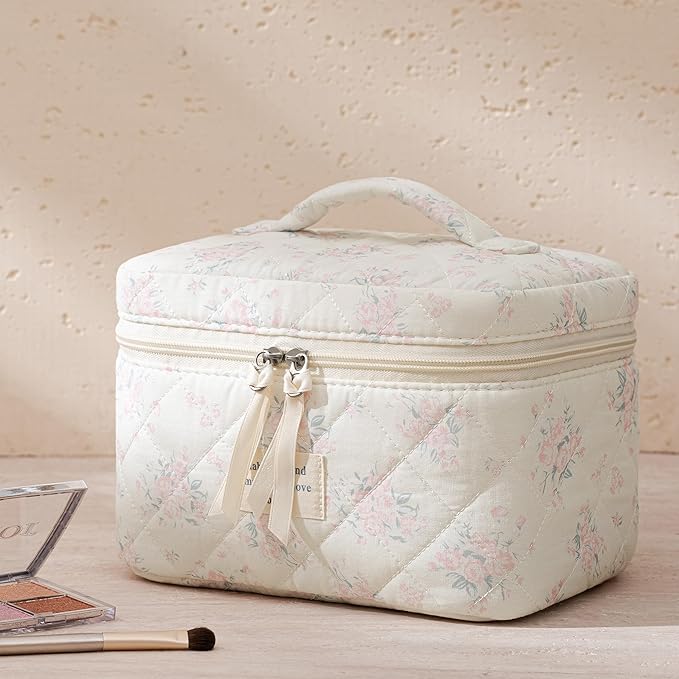 HBselect Quilted Makeup Bag, 3PCS Cotton Large Travel Makeup Bag, Cute Floral Coquette Make up Bag Cosmetic Bag Toiletry Bag for Women Girls