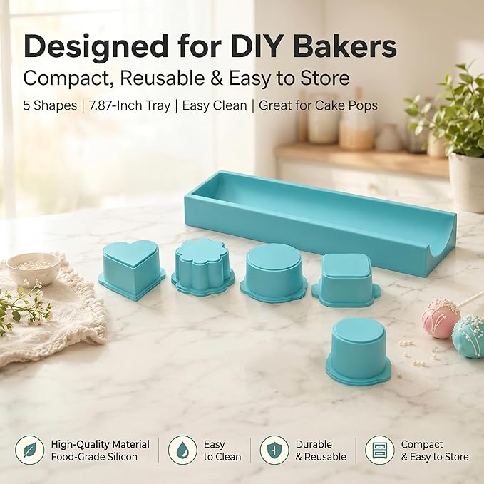 5 PCS Cake Pop Mold Set with 7.87-inch Tray, Heart Square Cloud Oval Round 3D Printed Cake Pop Cutter and Pusher, Baking Molds for Home Baking, Birthday Parties, Wedding Desserts