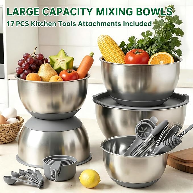 Deedro Premium Mixing Bowls with Airtight Lids Set, 22Pcs Thicker Stainless Steel Mixing Bowl Set, Large Prep Metal Bowls, Non-Slip Silicone Base Nesting Bowls for Kitchen, 1.5/2/3/4/5 QT, Gray