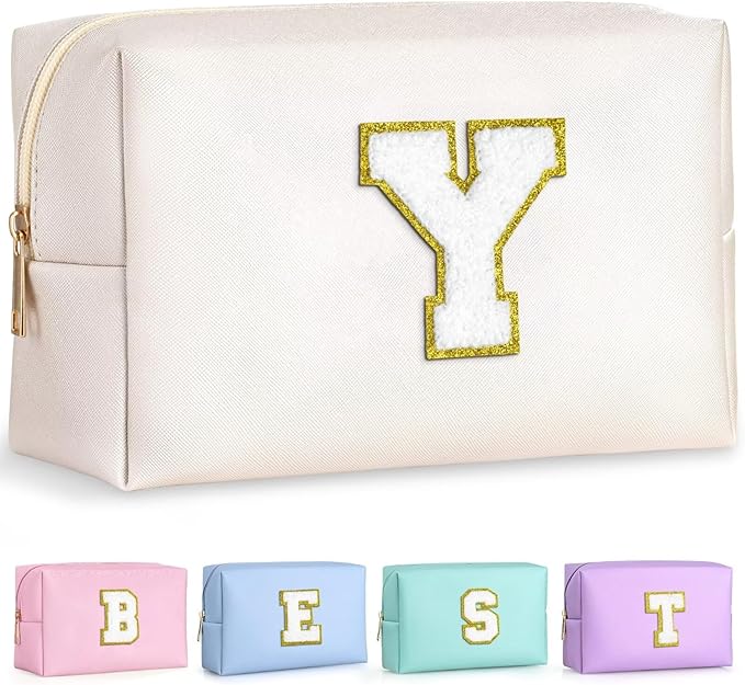 TOPEAST Preppy Makeup Bag, Small Cosmetic Travel Bags for Women, PU Leather Waterproof Toiletry Bag with Zipper, Personalized Birthday Gift for Women Girl, Preppy Gifts for Girl (White Y)