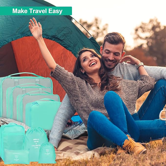 8 Set Packing Cubes for Suitcases, kingdalux Blue Travel Luggage Packing Organizers with Laundry Bag, Compression Storage Shoe Bag, Clothing Underwear Bag, for Women & Men