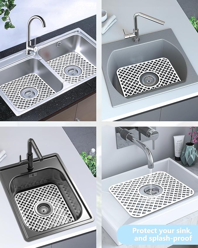 2 Pack Silicone Sink Protector for Kitchen Sink, Lozenge Pattern 13 x 11 inches Sink Grid Mat Silicone Protectors, Center Drain, White