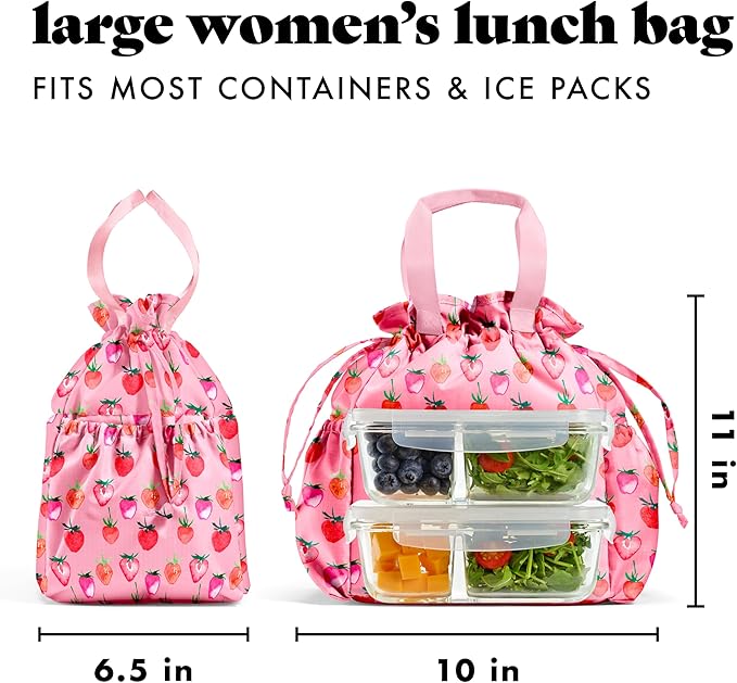 Fit & Fresh Cromwell Drawstring Lunch Bag for Women, Complete Lunch Set with 2 Containers, Stain-Resistant, Leak-Resistant, Back to School Essential, Teacher Lunchbox, Pink Strawberries