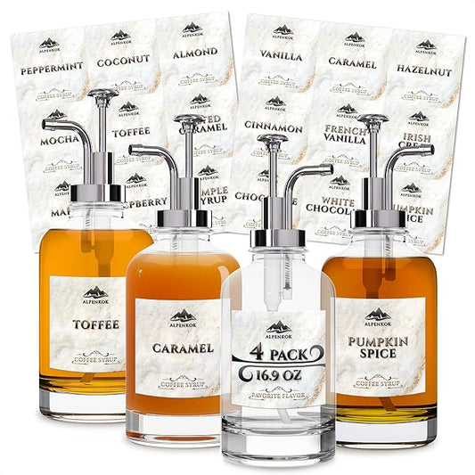 Set of 4 Glass Syrup Bottle with Pump 16.9oz 500 ml – Thick Glass Syrup Dispenser with 18 Marked Labels, Leak-Proof, Easy Cleaning – Coffee Bar Essentials for Home | Event Ready (Silver Pumps)