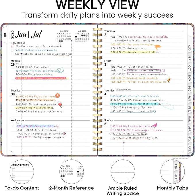 Academic Planner 2026-2027, Weekly and Monthly Calendar Book, July 2026 – June 2027, Hardcover Planner with Tabs, Perfect for Teachers, Students, Women & Men, A5 (6.4" x 8.5") - Lavendar Floral