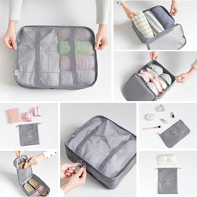 LANSKLBD 8 Set Packing Cubes for Suitcases Travel Luggage Packing Organizers,Travel Essentials Accessories Luggage Organizer with Shoe Bag Toiletry/Laundry Bag（Grey）
