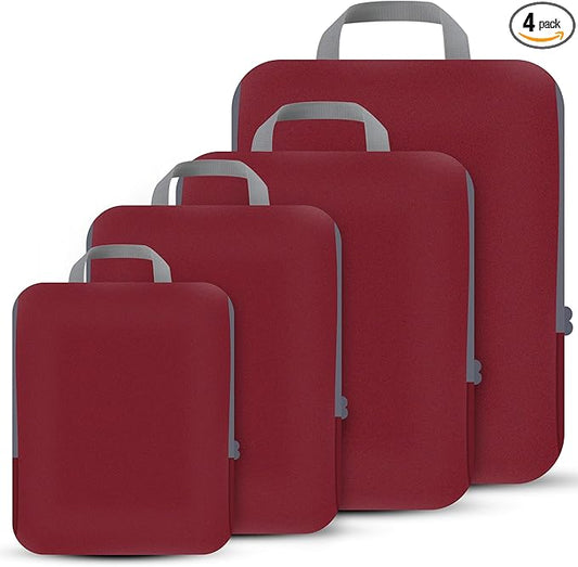 4 Set Compression Packing Cubes Travel - Travel Accessories Expandable Packing Organizers for Carry On - Essentials Luggage Bags - Burgundy